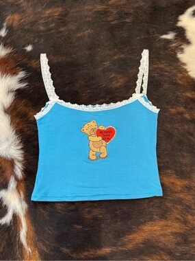 Omighty Brand Blue Lace-Trim Bear Heart Cropped Tank